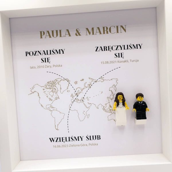 Ramka ślubna z figurkami LEGO - mapa świata - Figurkowe ramki